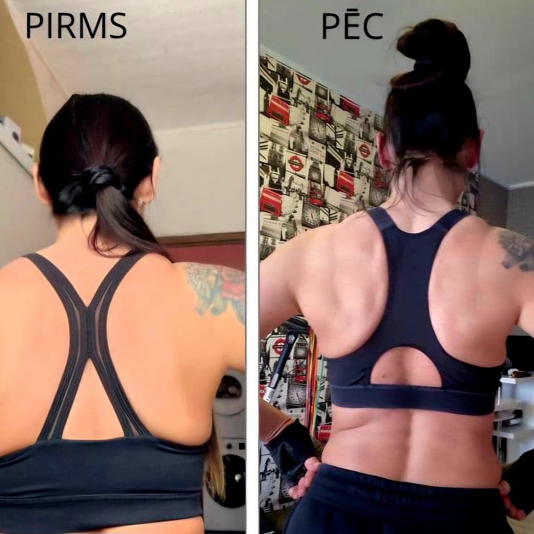 Sievietes muguras fitnesa transformācija pirms un pēc treniņu programmas- 4 nedēļas